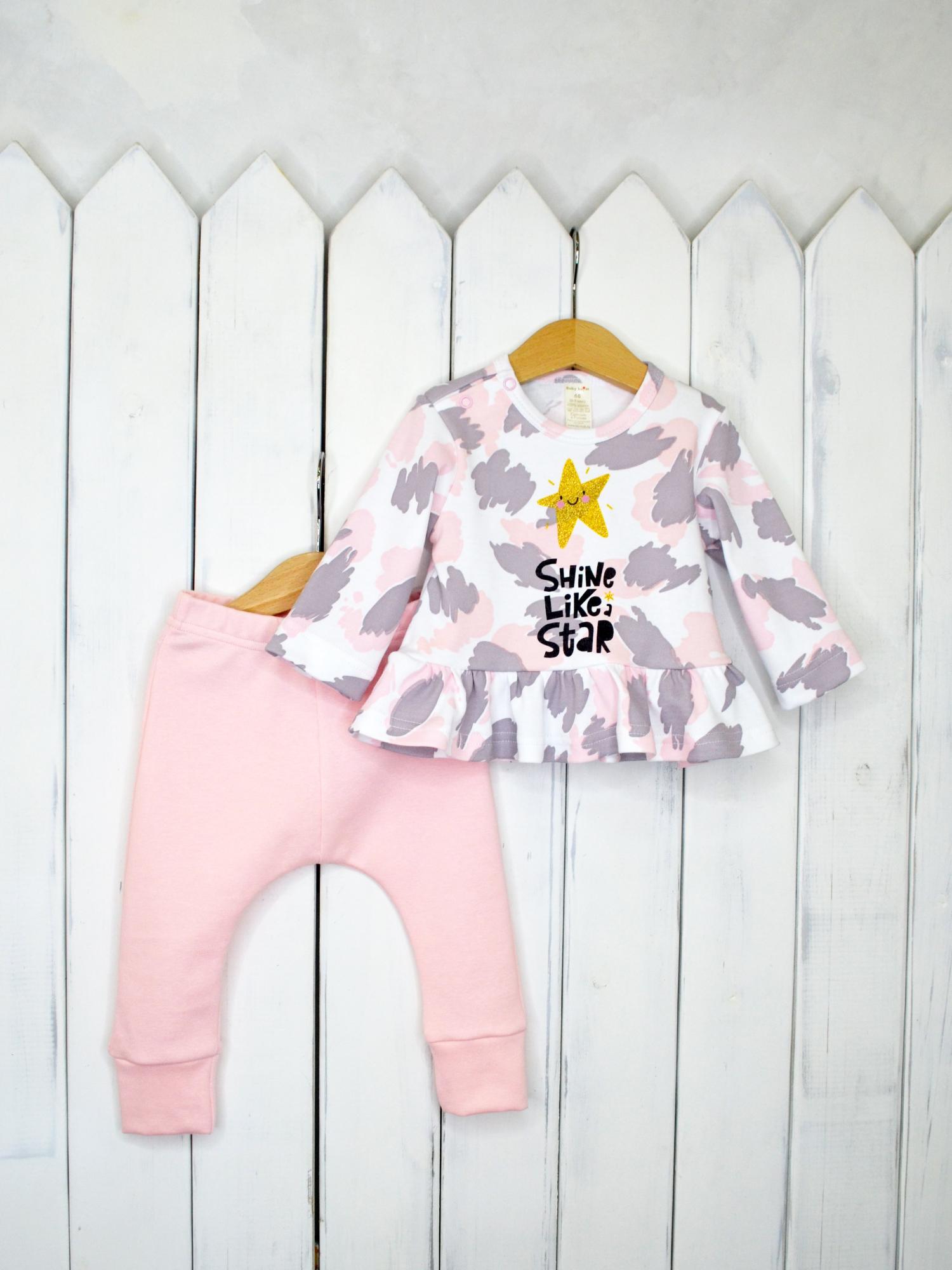 Комплект Baby Boom туника - милитари розовое/звезда+брюки